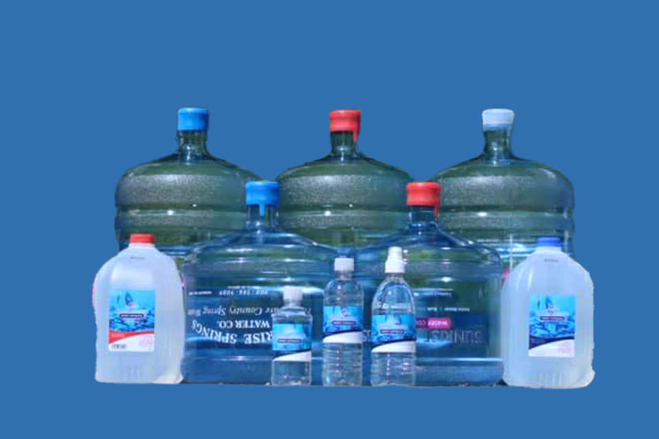 5 gallon, 3 gallon, and 1 gallon sized water bottles from Sunrise Springs Water